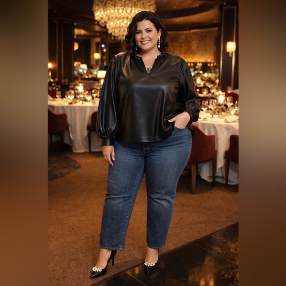 crown & ivy Tops - Black Vegan Leather Black V-Neck Blouse with Balloon Sleeves